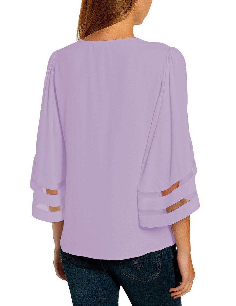 LookbookStore Women Vneck Mesh Panel Light Purple T Shirts for Women V Neck Casual V Neck 3/4 Flared Bell Sleeve Blouse Loose Business Work Blouse and Tops Size Large - Image 2